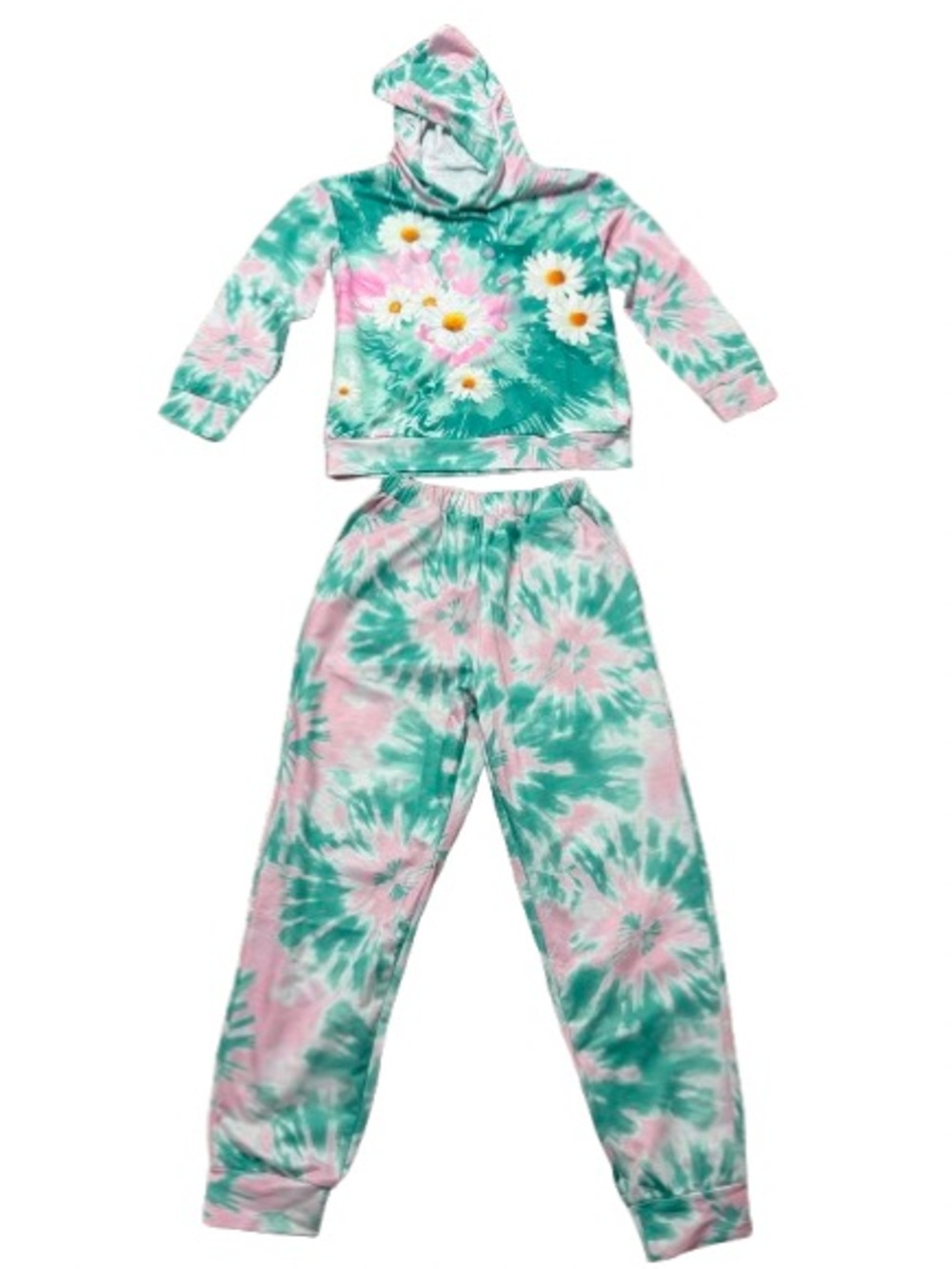 Trendy Girls Pink & Teal Tie-Dye Daisy Stretchy Hoodie& Jogger Pants Set Size 9Y